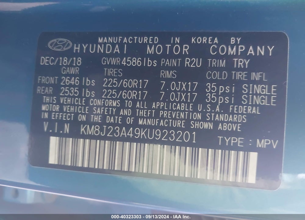 2019 HYUNDAI TUCSON SE VIN: KM8J23A49KU923201
