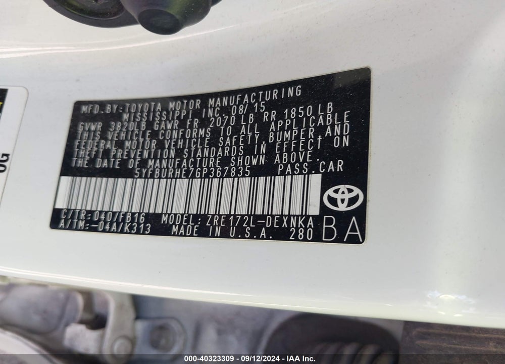 2016 TOYOTA COROLLA LE VIN: 5YFBURHE7GP367835