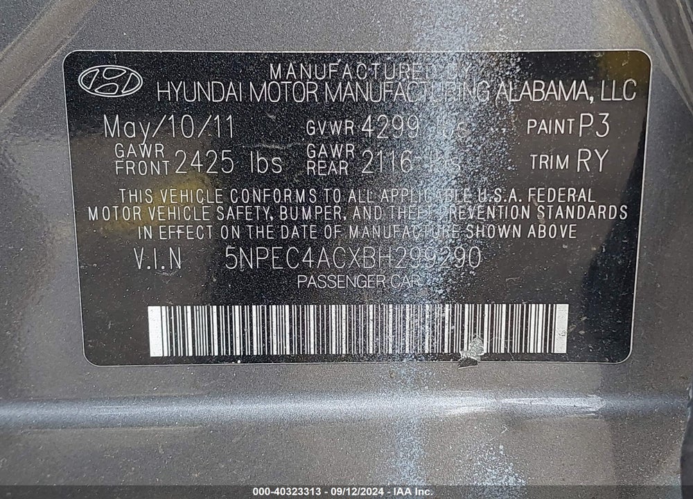 2011 HYUNDAI SONATA LIMITED VIN: 5NPEC4ACXBH299290