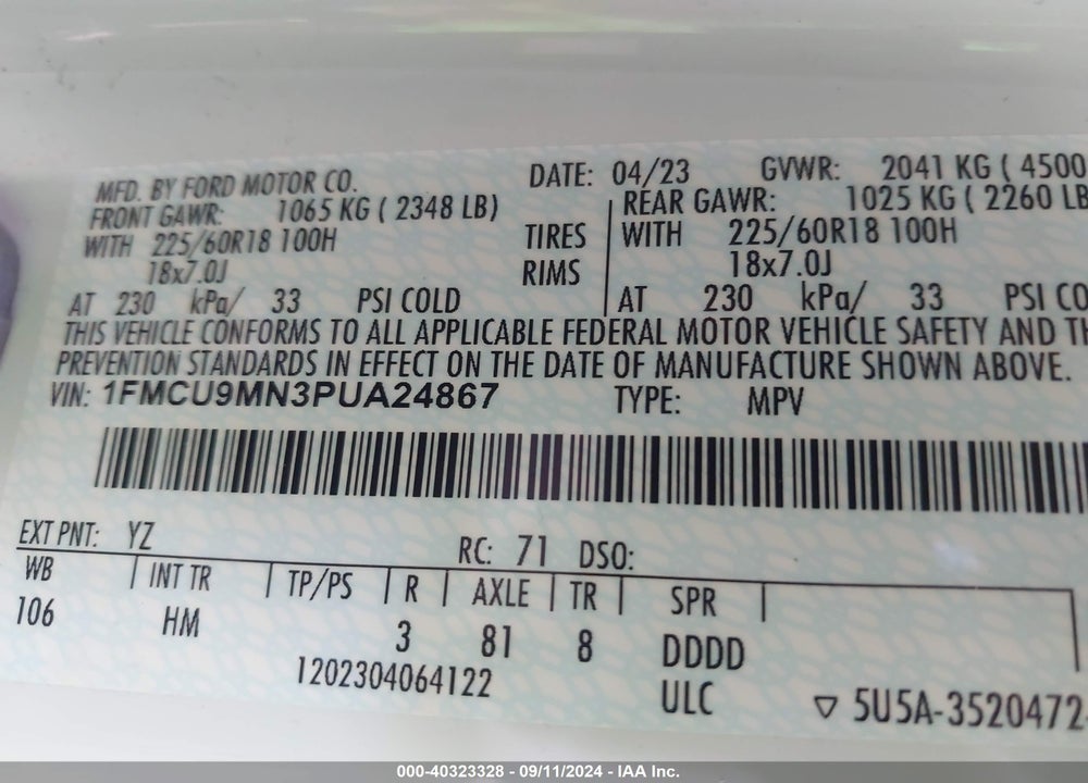 2023 FORD ESCAPE ST LINE VIN: 1FMCU9MN3PUA24867