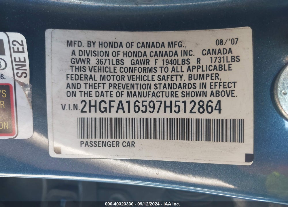 2007 HONDA CIVIC LX VIN: 2HGFA16597H512864