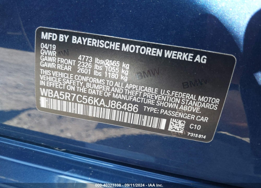 2019 BMW 330I XDRIVE VIN: WBA5R7C56KAJ86486