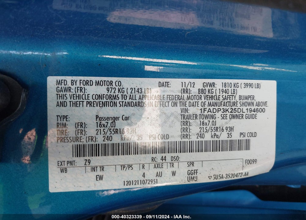 2013 FORD FOCUS SE VIN: 1FADP3K25DL194600