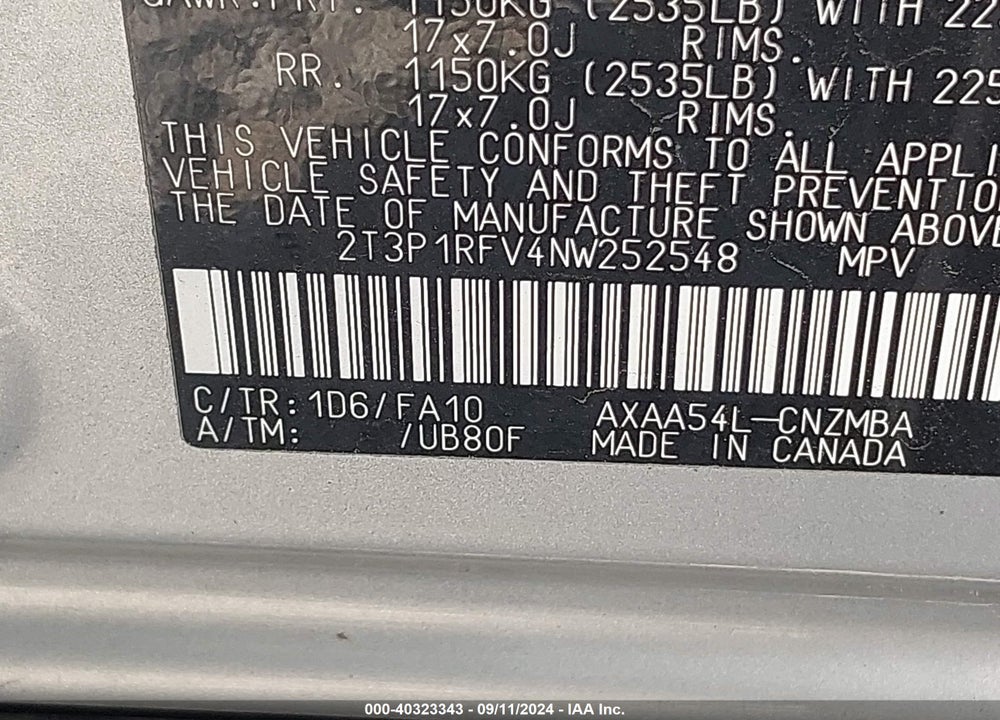 2022 TOYOTA RAV4 XLE VIN: 2T3P1RFV4NW252548