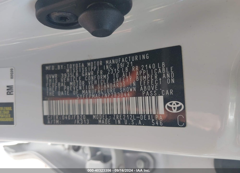 2022 TOYOTA COROLLA LE VIN: 5YFEPMAE7NP283044