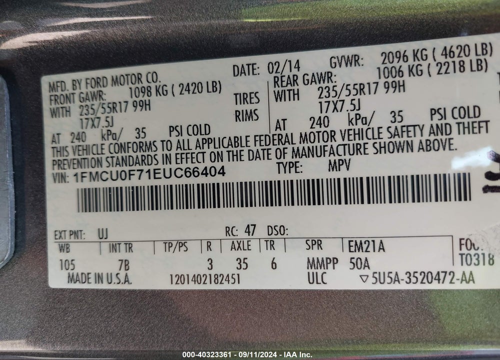 2014 FORD ESCAPE S VIN: 1FMCU0F71EUC66404