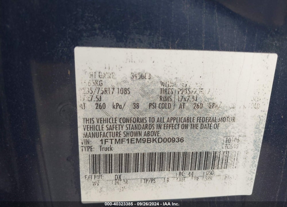 2011 FORD F-150 XLT VIN: 1FTMF1EM9BKD00936