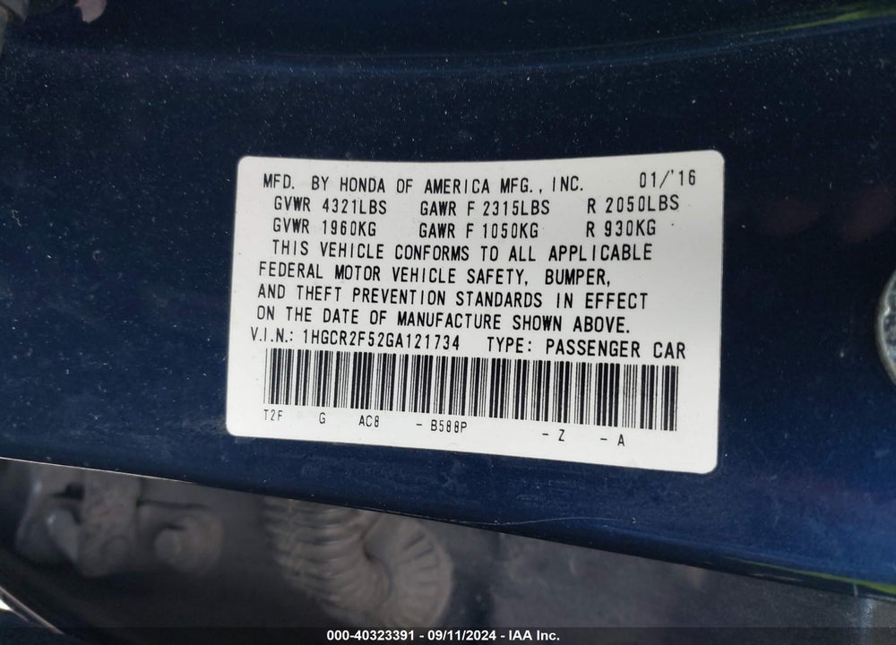 2016 HONDA ACCORD SPORT VIN: 1HGCR2F52GA121734