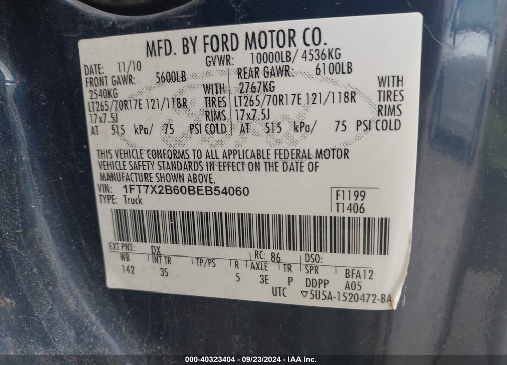 2011 FORD F-250 XLT VIN: 1FT7X2B60BEB54060