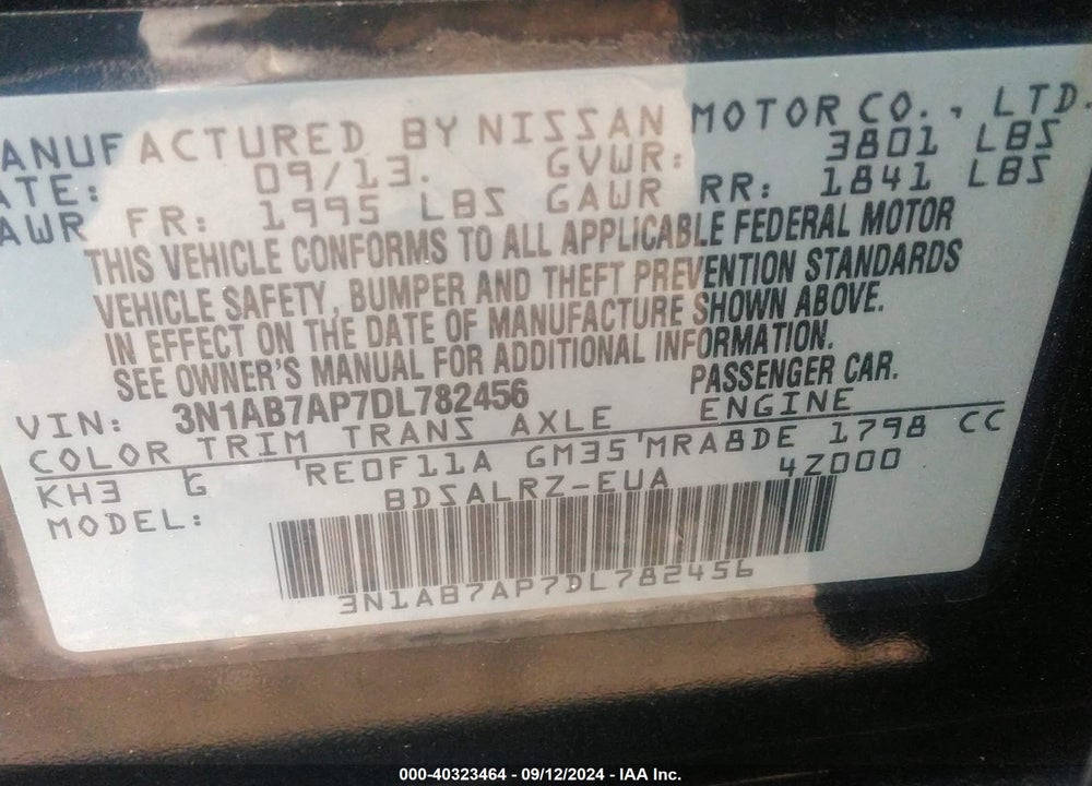 2013 NISSAN SENTRA SR VIN: 3N1AB7AP7DL782456