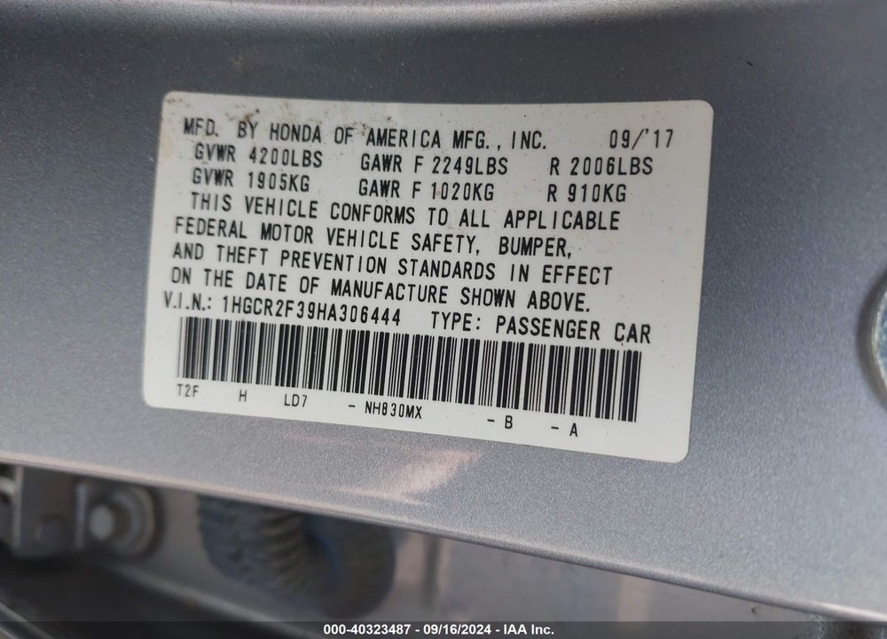 2017 HONDA ACCORD LX VIN: 1HGCR2F39HA306444