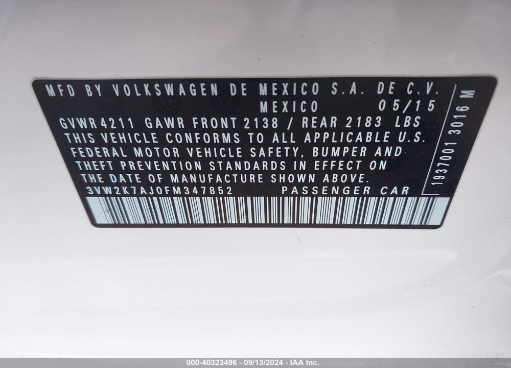 2015 VOLKSWAGEN JETTA 2.0L S VIN: 3VW2K7AJ0FM347852