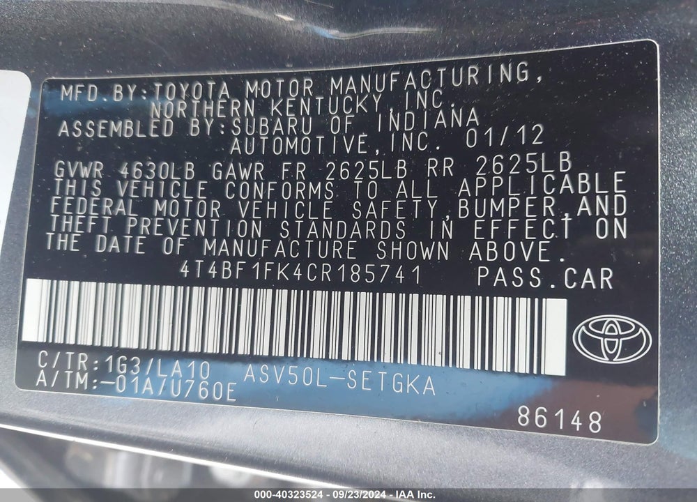 2012 TOYOTA CAMRY XLE VIN: 4T4BF1FK4CR185741
