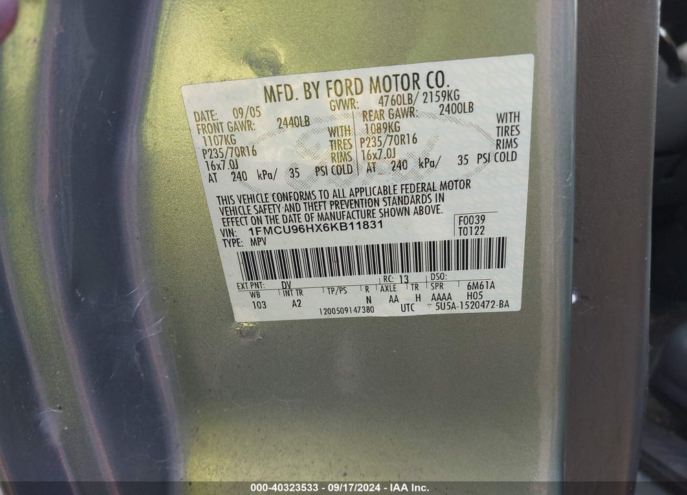 2006 FORD ESCAPE HYBRID VIN: 1FMCU96HX6KB11831