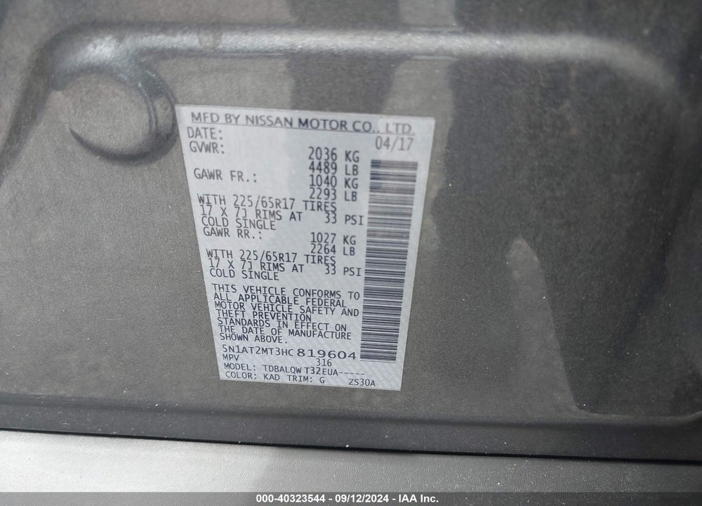 2017 NISSAN ROGUE SV VIN: 5N1AT2MT3HC819604