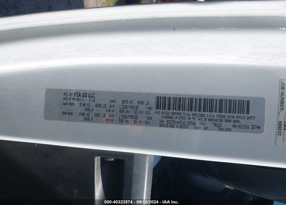 2018 RAM PROMASTER 1500 1500 STANDARD VIN: 3C6TRVAG7JE132586