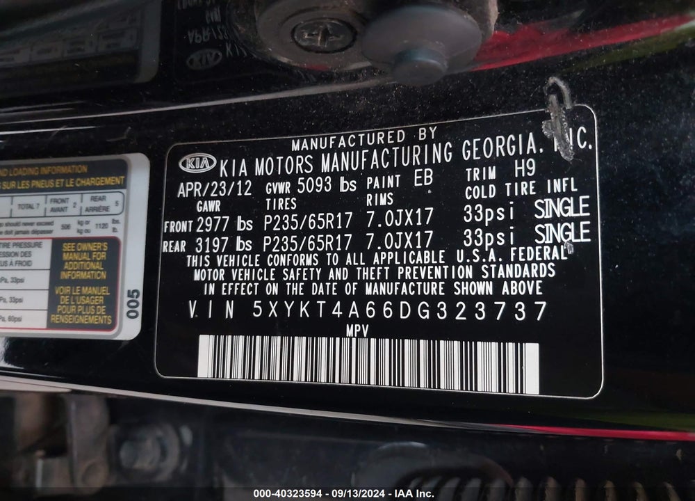 2013 KIA SORENTO LX VIN: 5XYKT4A66DG323737
