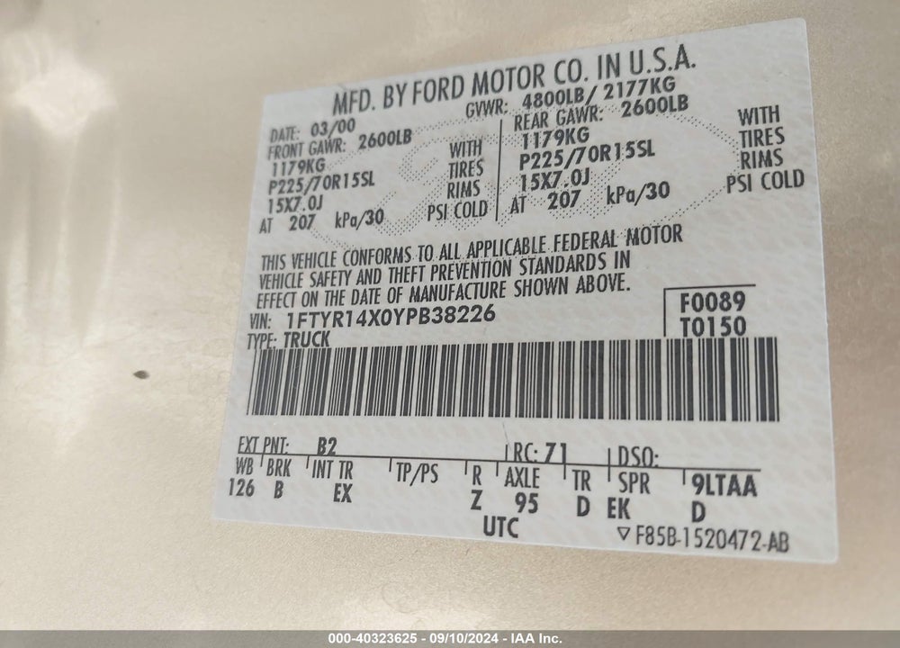 2000 FORD RANGER XLT VIN: 1FTYR14X0YPB38226