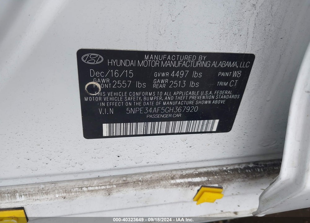 2016 HYUNDAI SONATA SPORT VIN: 5NPE34AF5GH367920