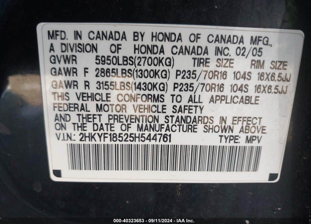 2005 HONDA PILOT EX-L VIN: 2HKYF18525H544761
