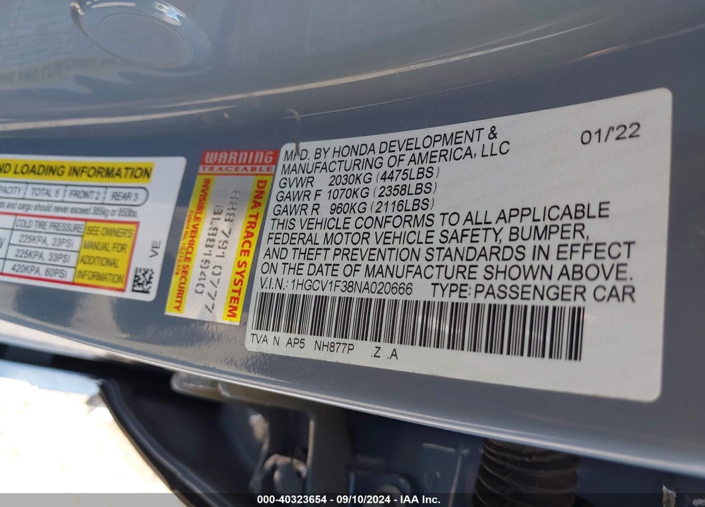 2022 HONDA ACCORD SPORT VIN: 1HGCV1F38NA020666
