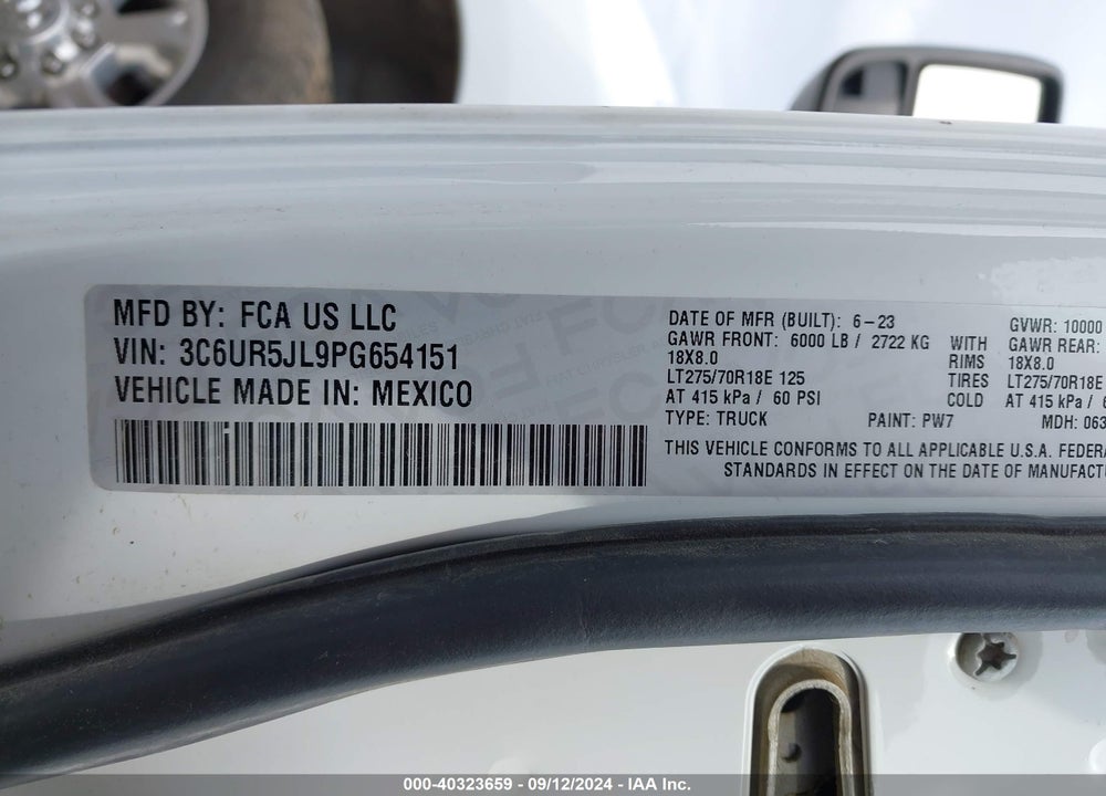 2023 RAM 2500 BIG HORN 4X4 8' BOX VIN: 3C6UR5JL9PG654151