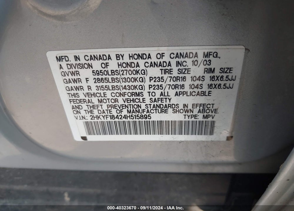 2004 HONDA PILOT EX VIN: 2HKYF18424H515895