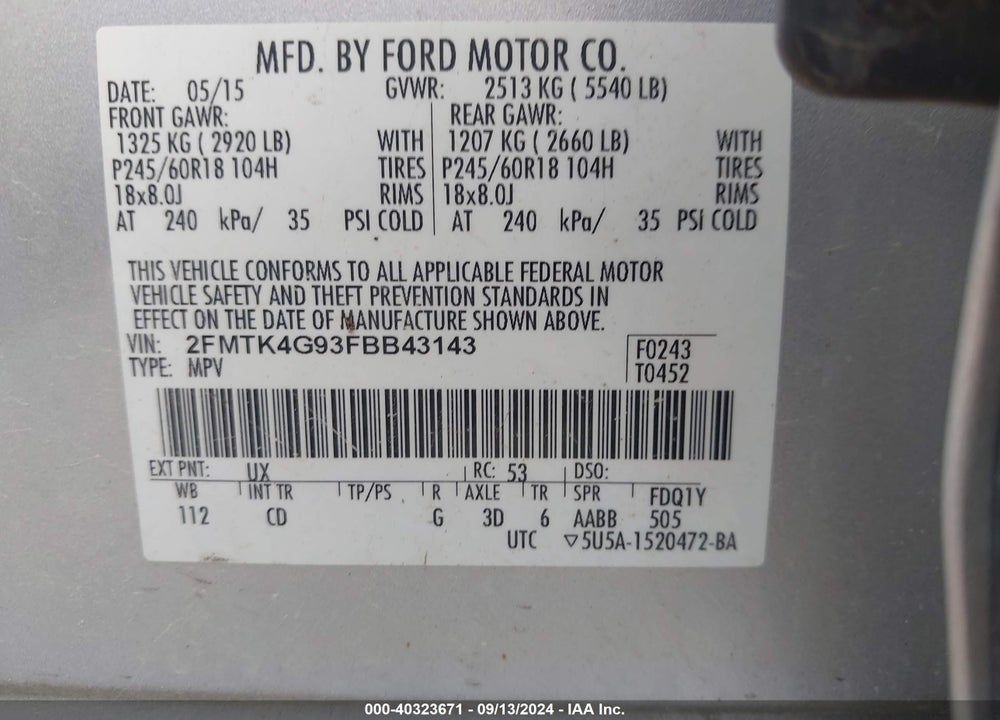 2015 FORD EDGE SE VIN: 2FMTK4G93FBB43143