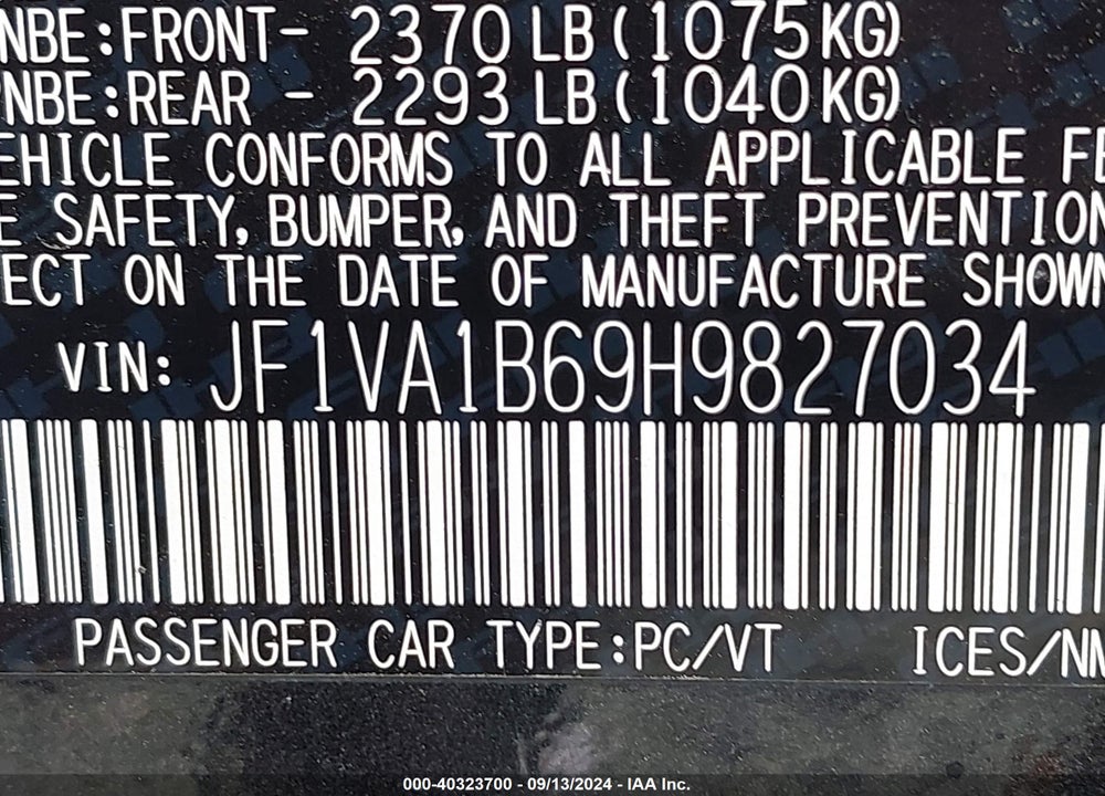 2017 SUBARU WRX VIN: JF1VA1B69H9827034