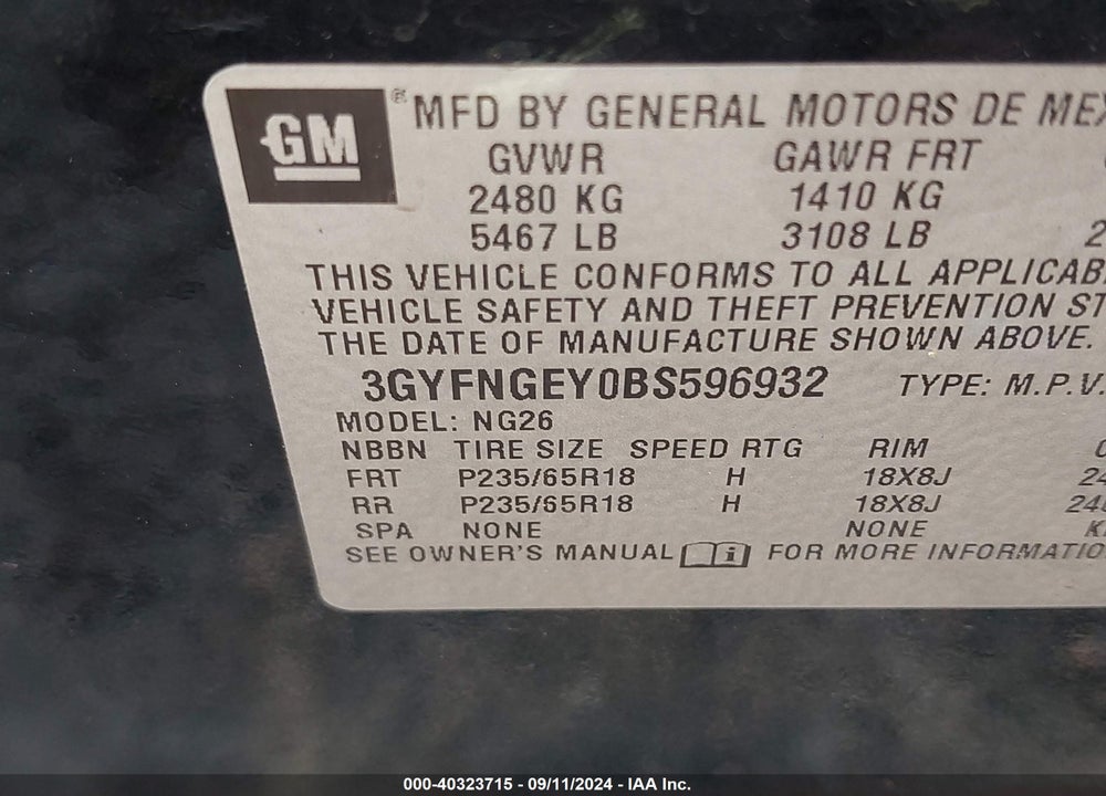 2011 CADILLAC SRX STANDARD VIN: 3GYFNGEY0BS596932