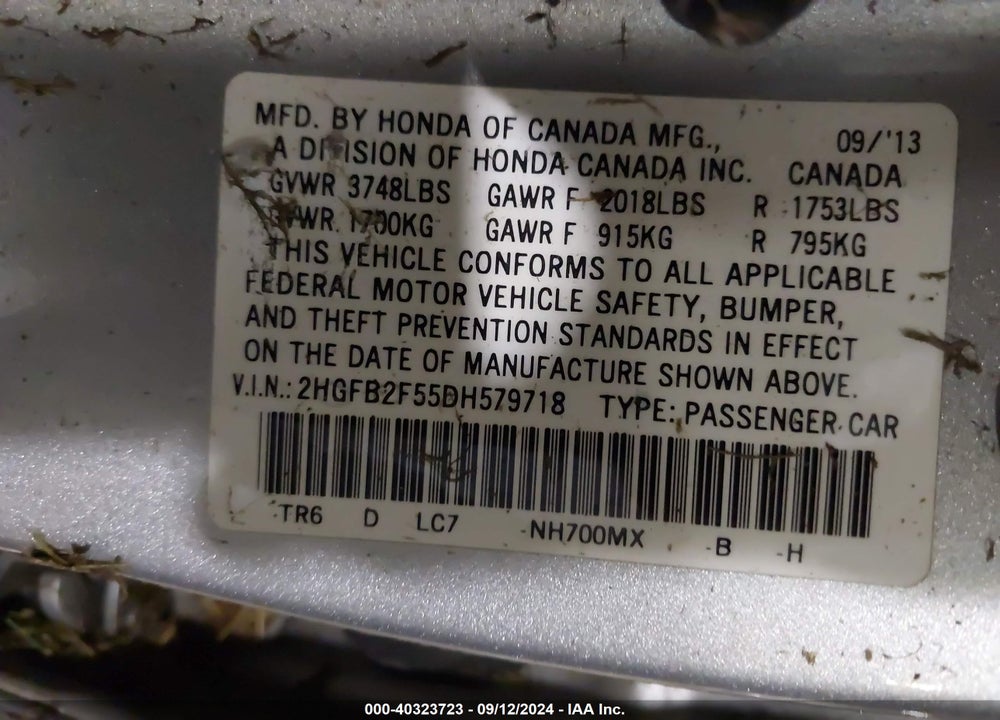 2013 HONDA CIVIC LX VIN: 2HGFB2F55DH579718