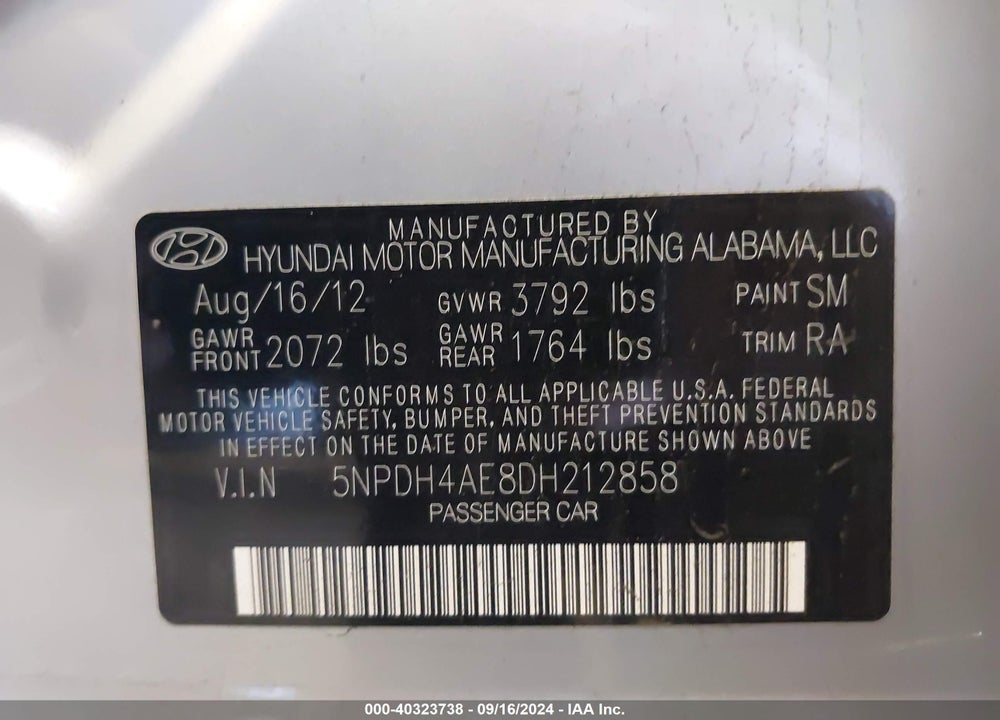 2013 HYUNDAI ELANTRA GLS VIN: 5NPDH4AE8DH212858