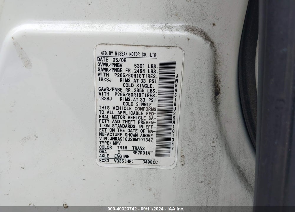 2009 INFINITI FX35 VIN: JNRAS18U29M101347