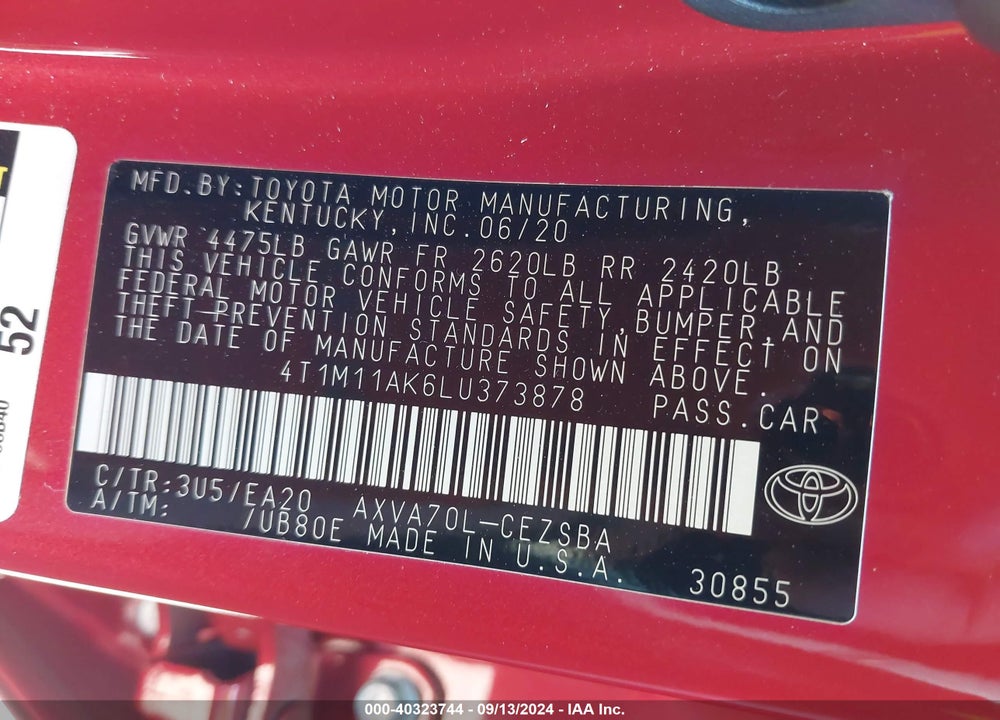 2020 TOYOTA CAMRY SE VIN: 4T1M11AK6LU373878