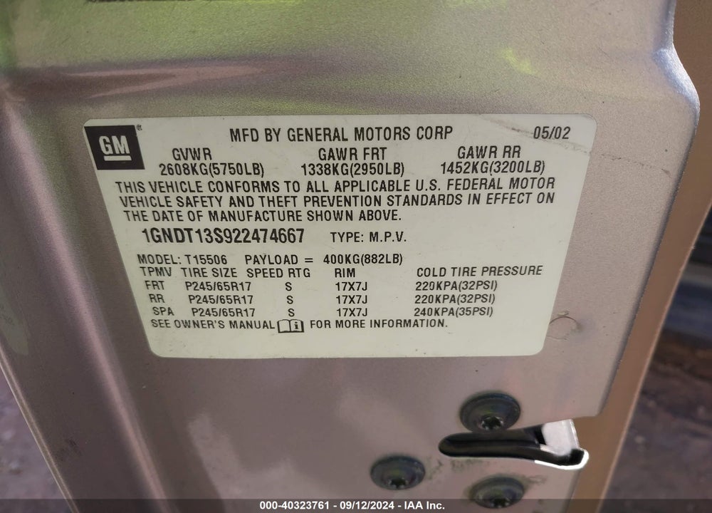 2002 CHEVROLET TRAILBLAZER LTZ VIN: 1GNDT13S922474667