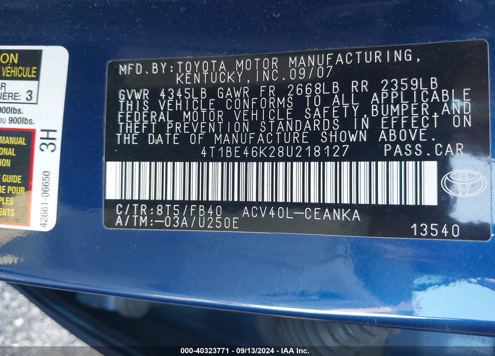 2008 TOYOTA CAMRY LE VIN: 4T1BE46K28U218127