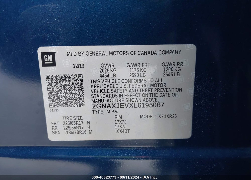 2020 CHEVROLET EQUINOX VIN: 2GNAXJEVXL6195067