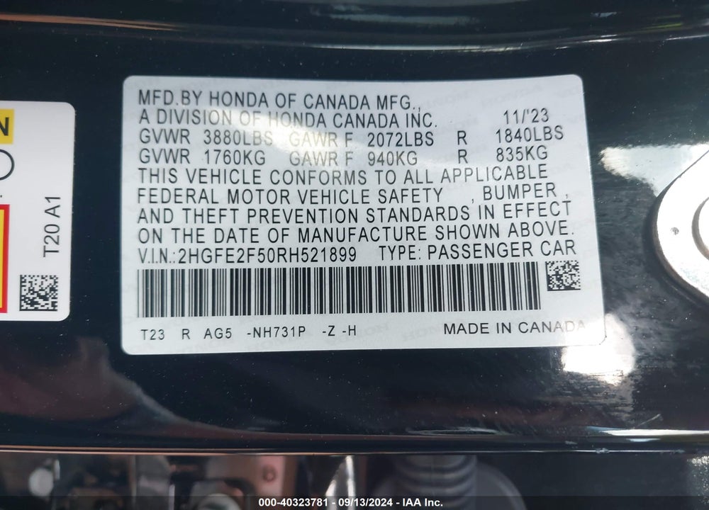 2024 HONDA CIVIC SPORT VIN: 2HGFE2F50RH521899