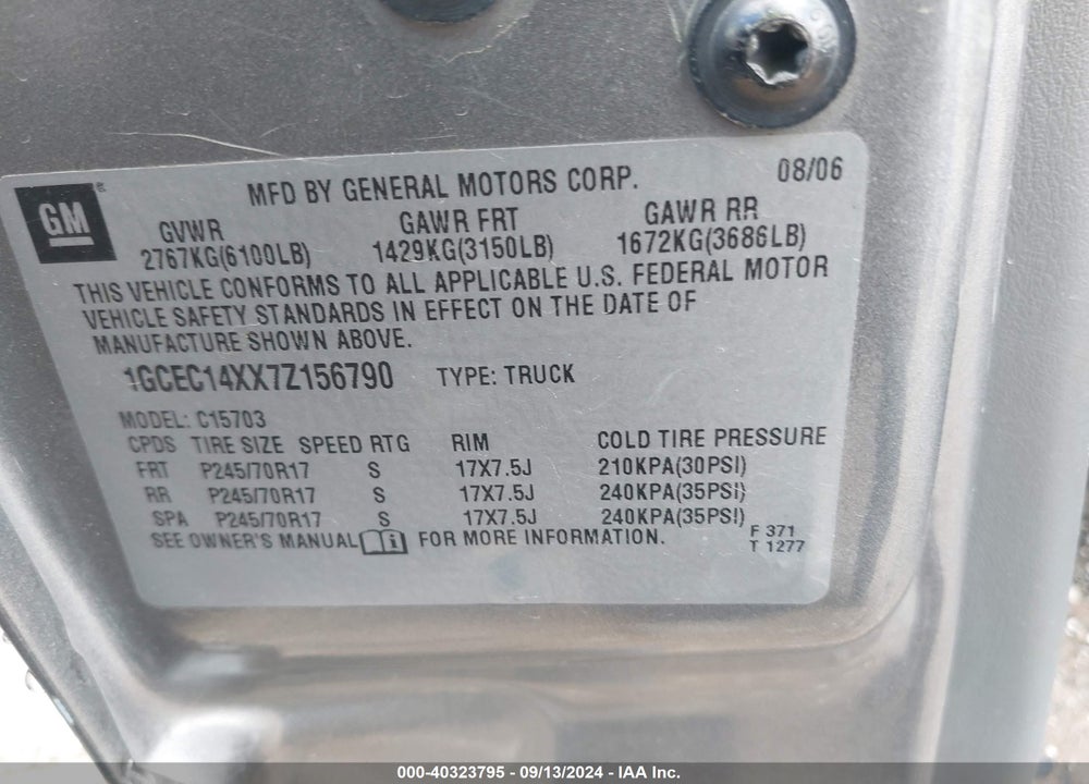 2007 CHEVROLET SILVERADO 1500 CLASSIC LS VIN: 1GCEC14XX7Z156790