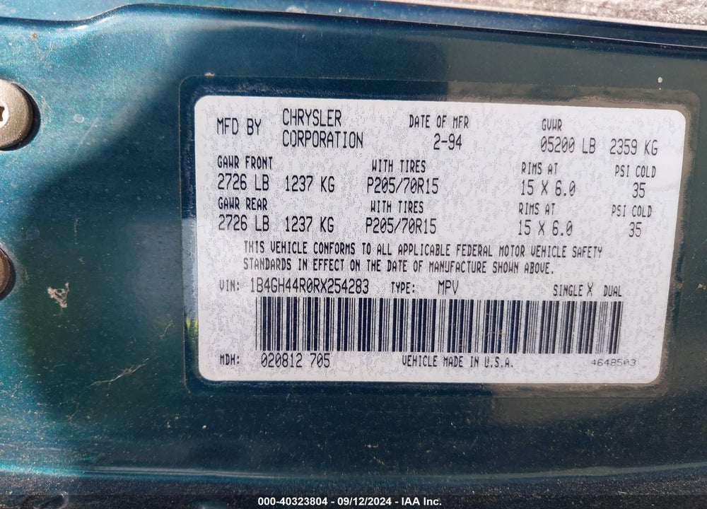 1994 DODGE GRAND CARAVAN SE VIN: 1B4GH44R0RX254283