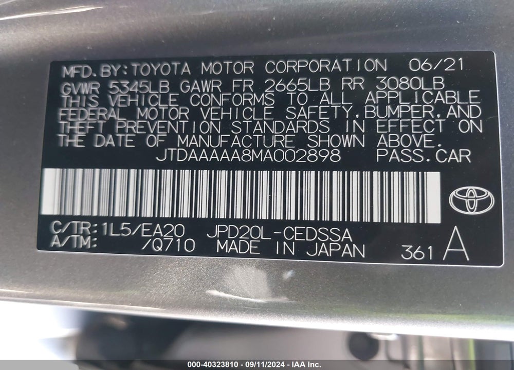 2021 TOYOTA MIRAI XLE VIN: JTDAAAAA8MA002898