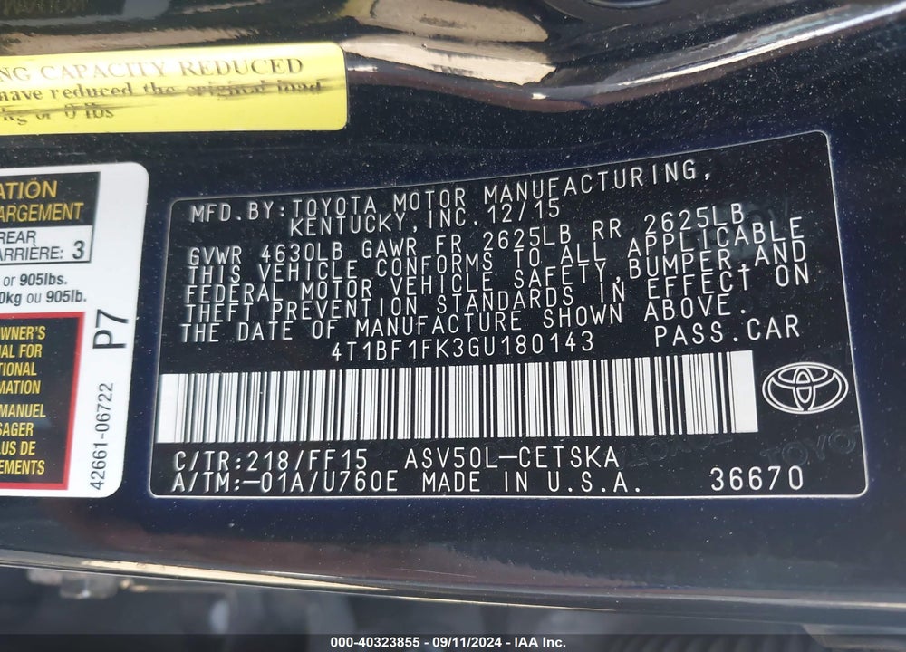 2016 TOYOTA CAMRY SE VIN: 4T1BF1FK3GU180143