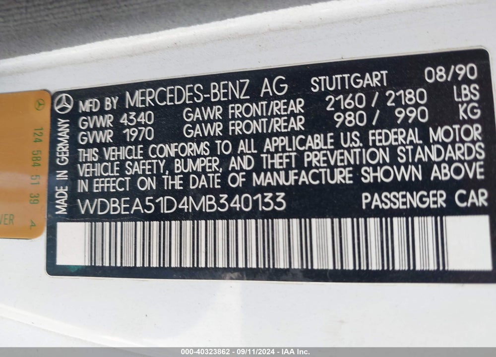 1991 MERCEDES-BENZ 300 CE VIN: WDBEA51D4MB340133