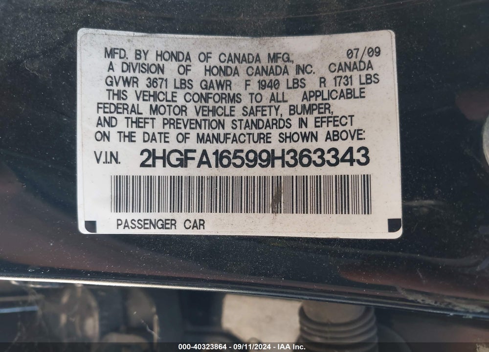 2009 HONDA CIVIC LX VIN: 2HGFA16599H363343