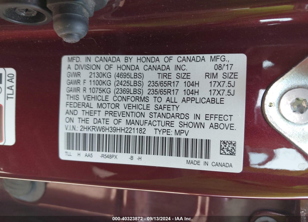 2017 HONDA CR-V LX VIN: 2HKRW6H39HH221182