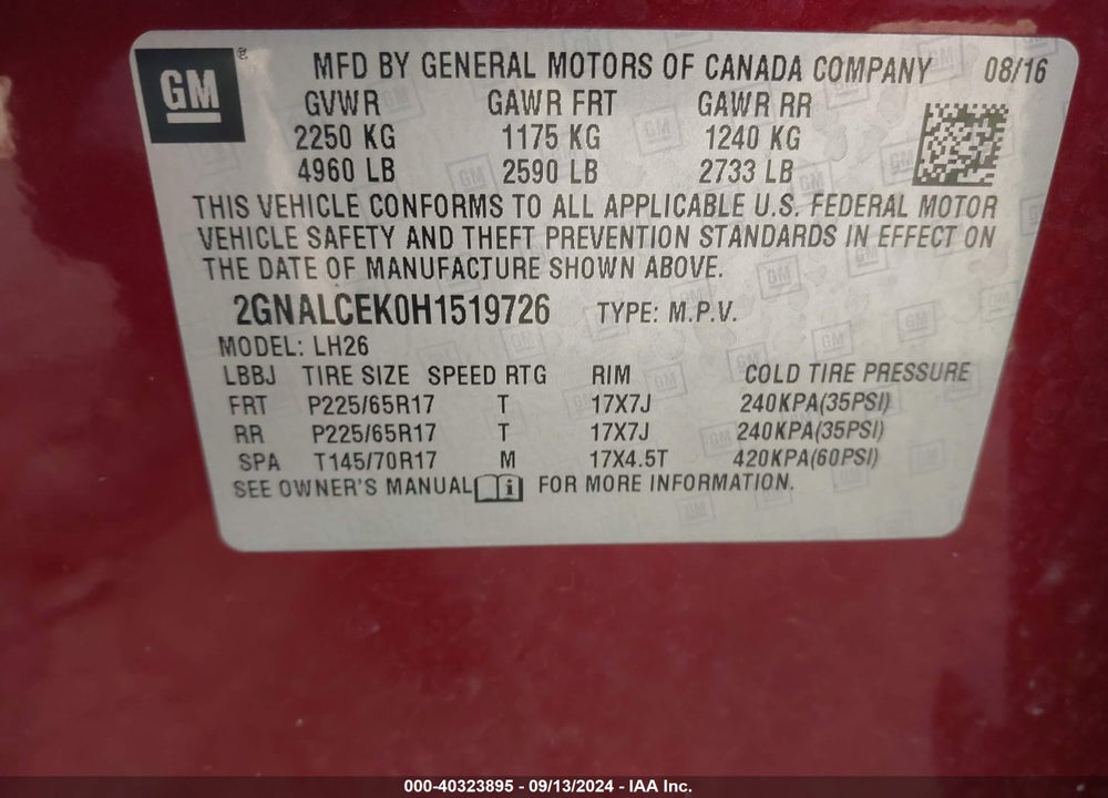 2017 CHEVROLET EQUINOX LT VIN: 2GNALCEK0H1519726