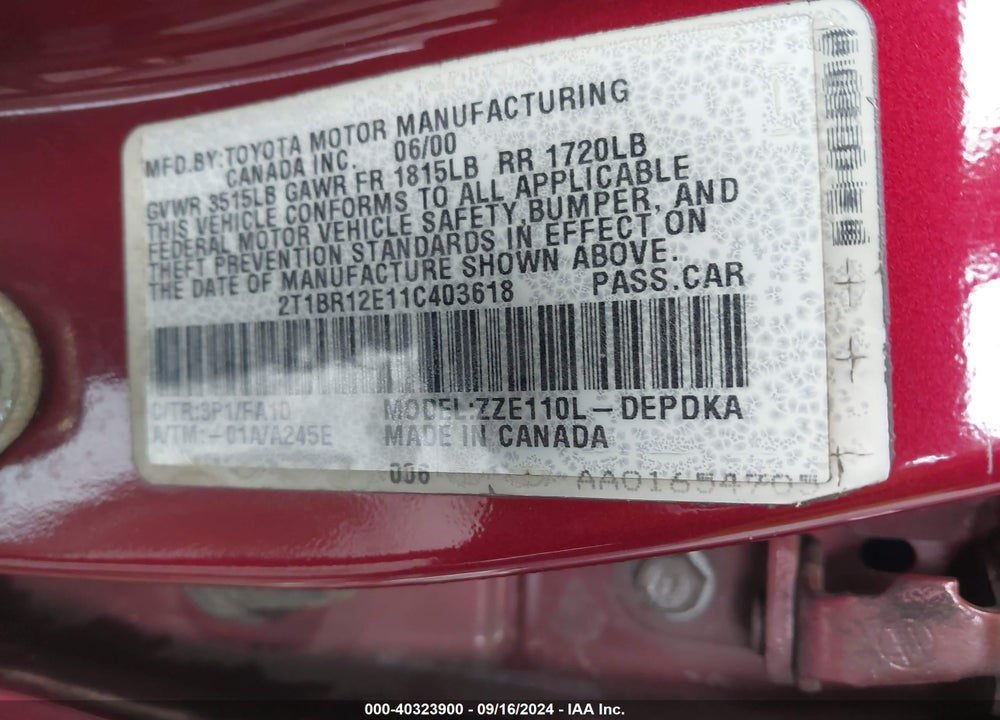 2001 TOYOTA COROLLA LE VIN: 2T1BR12E11C403618