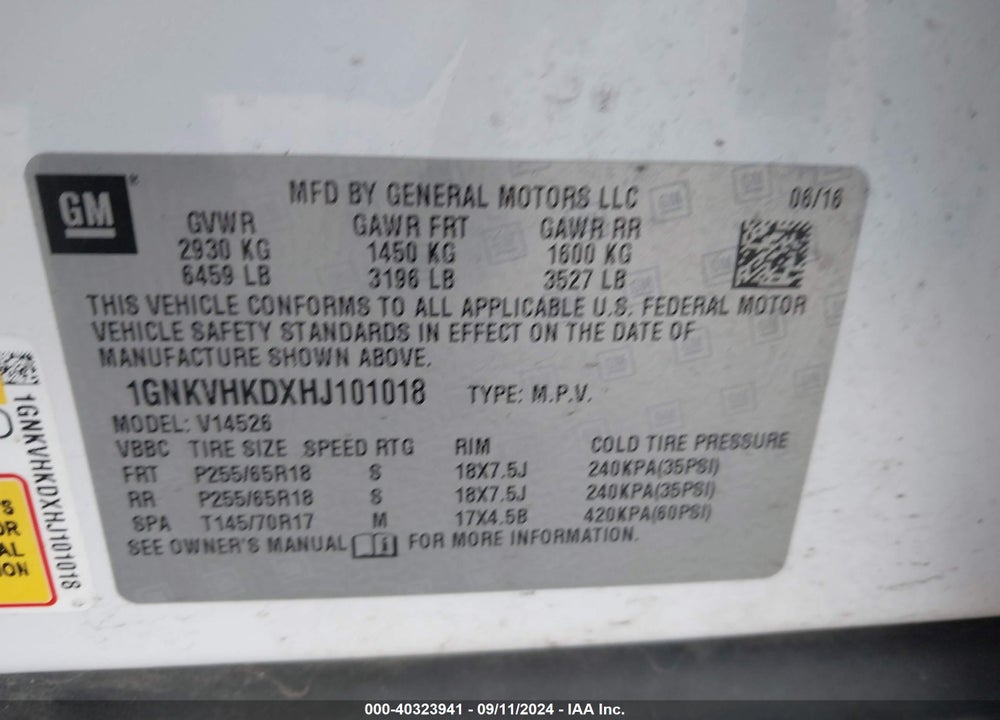 2017 CHEVROLET TRAVERSE 2LT VIN: 1GNKVHKDXHJ101018