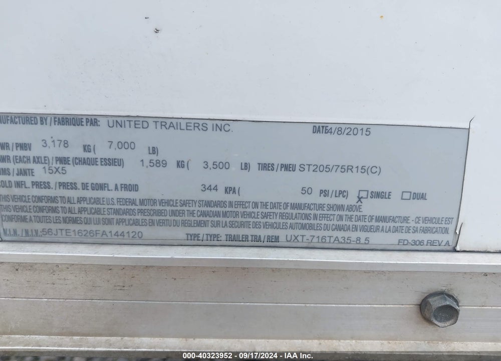 2015 UNITED UXT716TA35 VIN: 56JTE1626FA144120