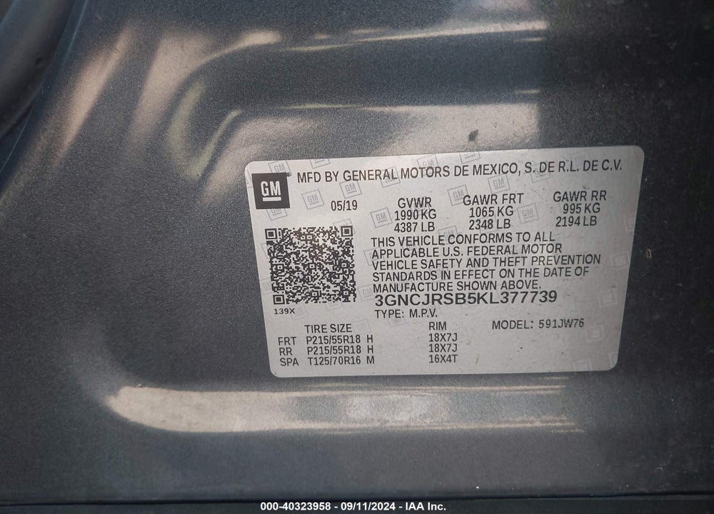2019 CHEVROLET TRAX PREMIER VIN: 3GNCJRSB5KL377739
